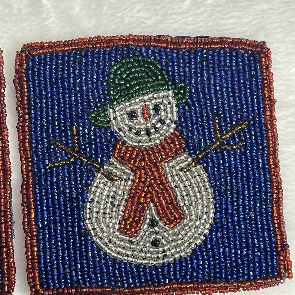 Crate‎ & Barrel Beaded Snowman Coasters Silk Set of Four Christmas Winter Table